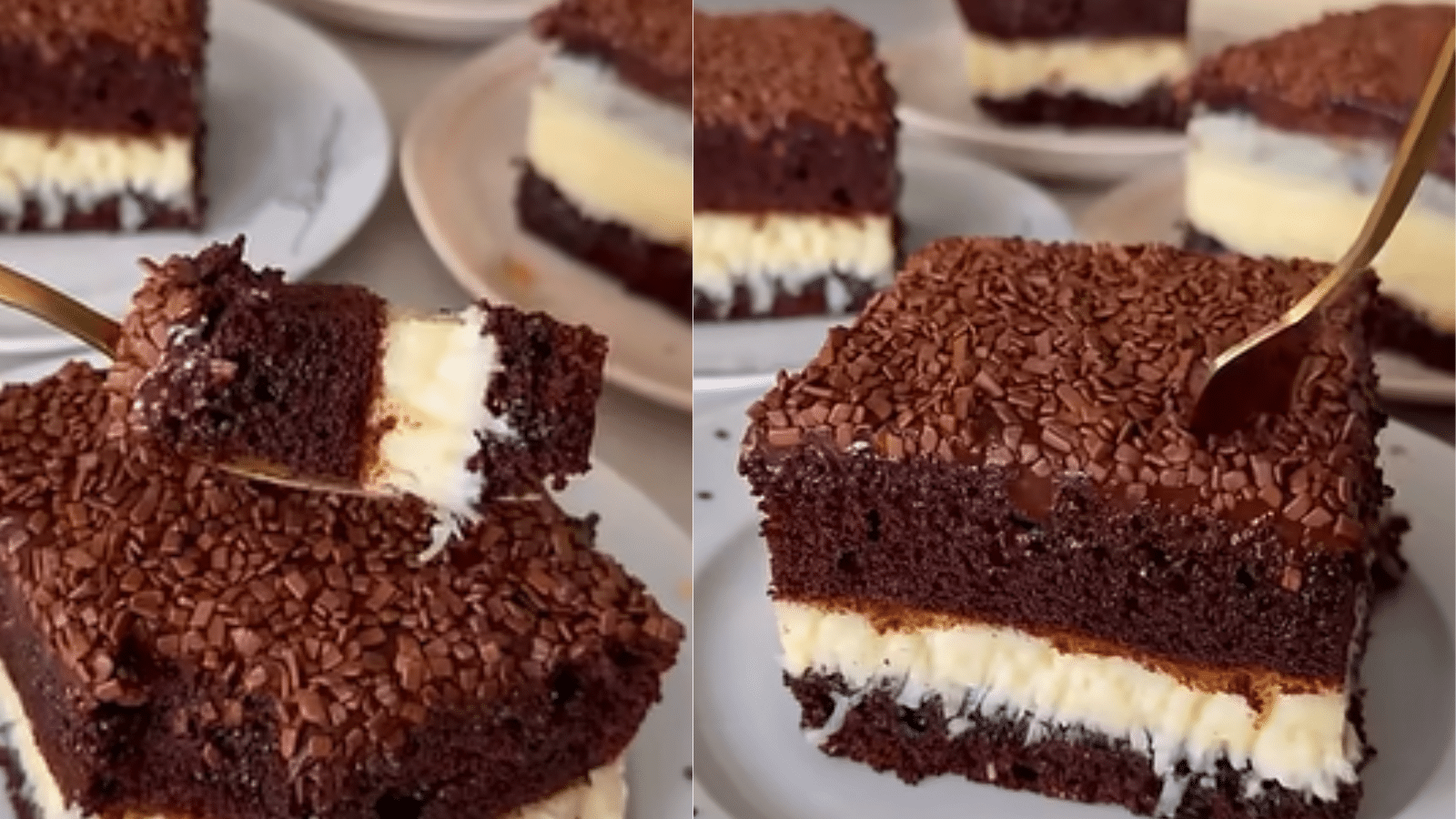 Fatias de bolo prestígio gelado com massa de chocolate, recheio branco cremoso de coco e cobertura de chocolate com granulado em pratos.