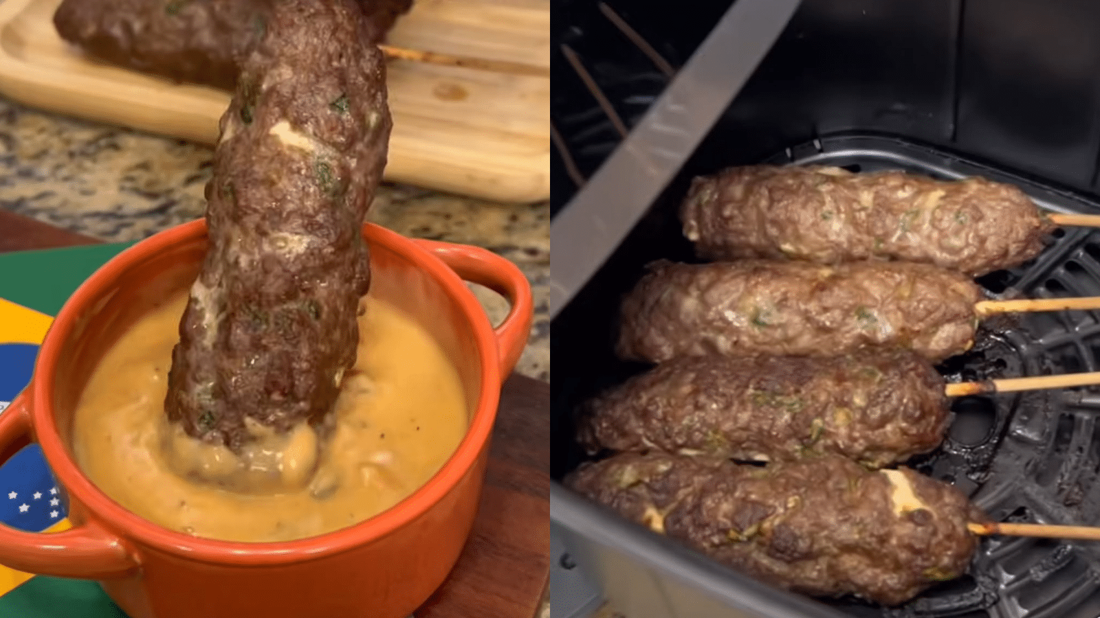 Espetinhos de carne moída recheados com queijo coalho sendo preparados na air fryer, com um espetinho mergulhado em molho cremoso e bandeira do Brasil ao fundo.