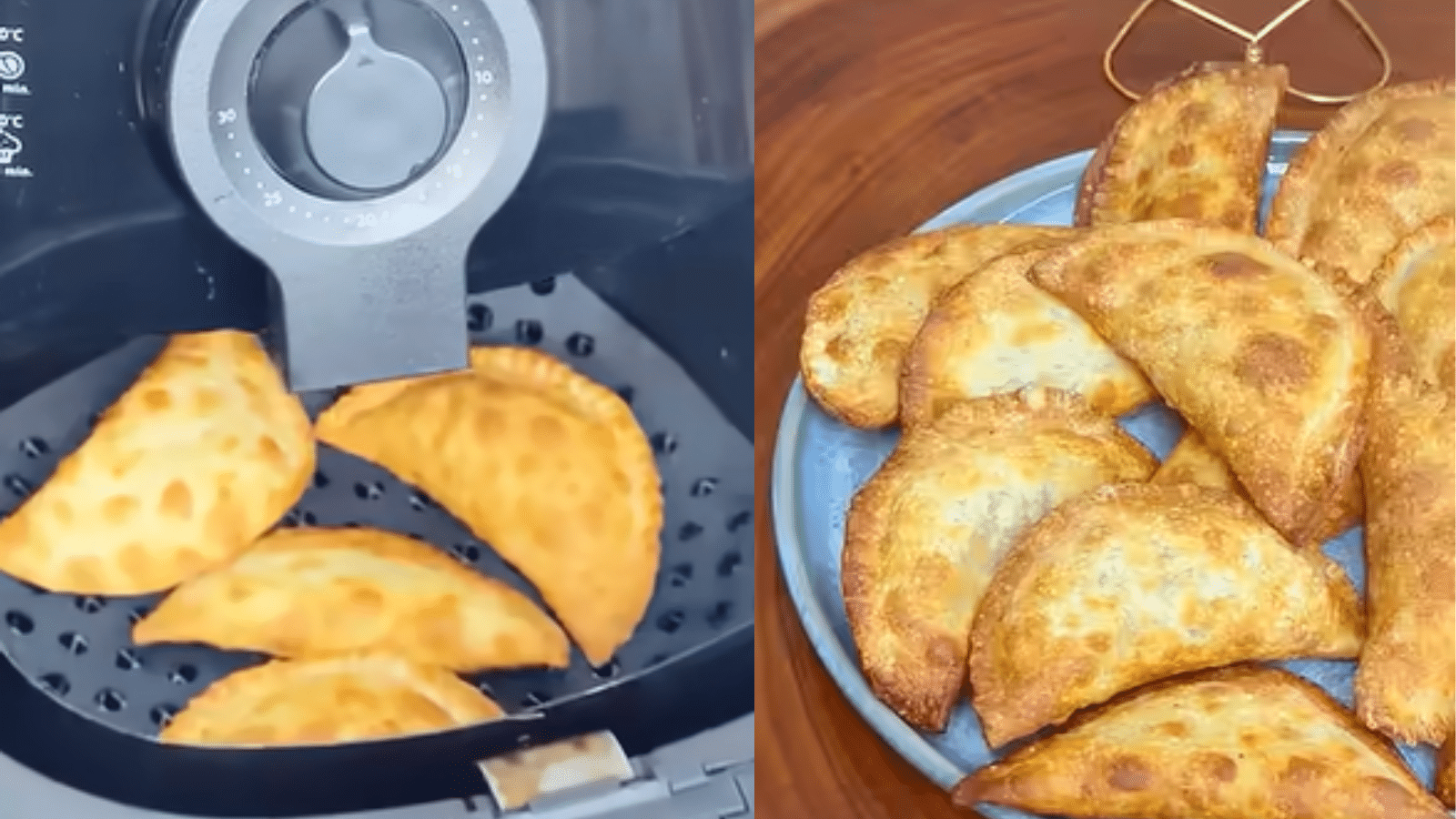 Pastéis feitos com massa pronta na air fryer, dourados e crocantes, servidos em um prato azul após o preparo.