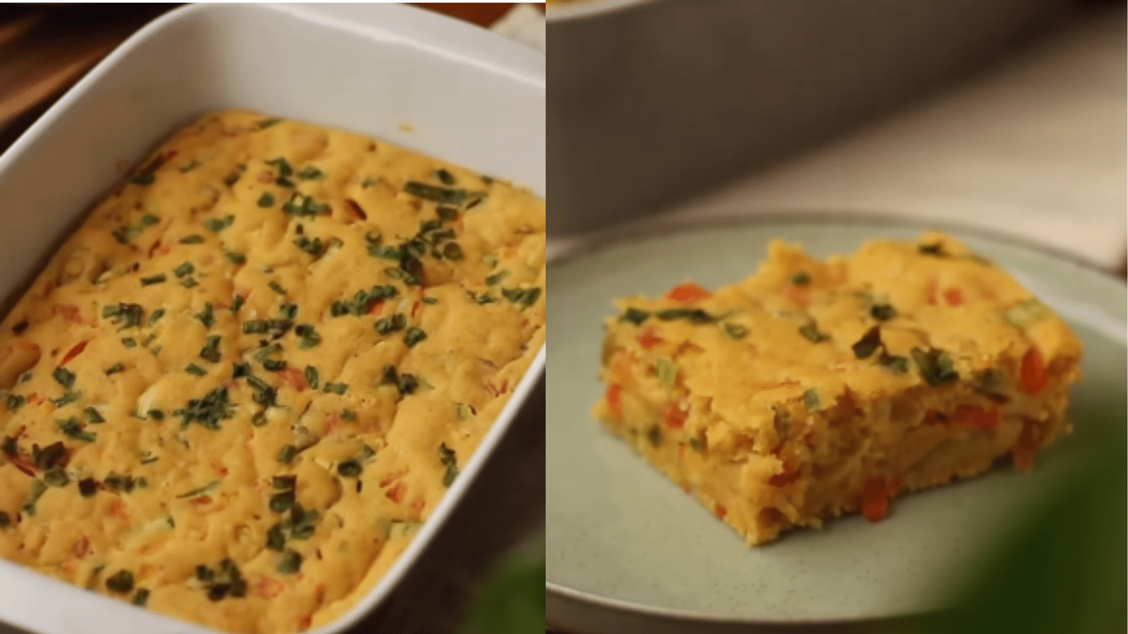 Torta salgada de legumes assada em uma travessa branca, ao lado de uma fatia servida em prato verde, com massa dourada e pedaços de legumes aparentes.