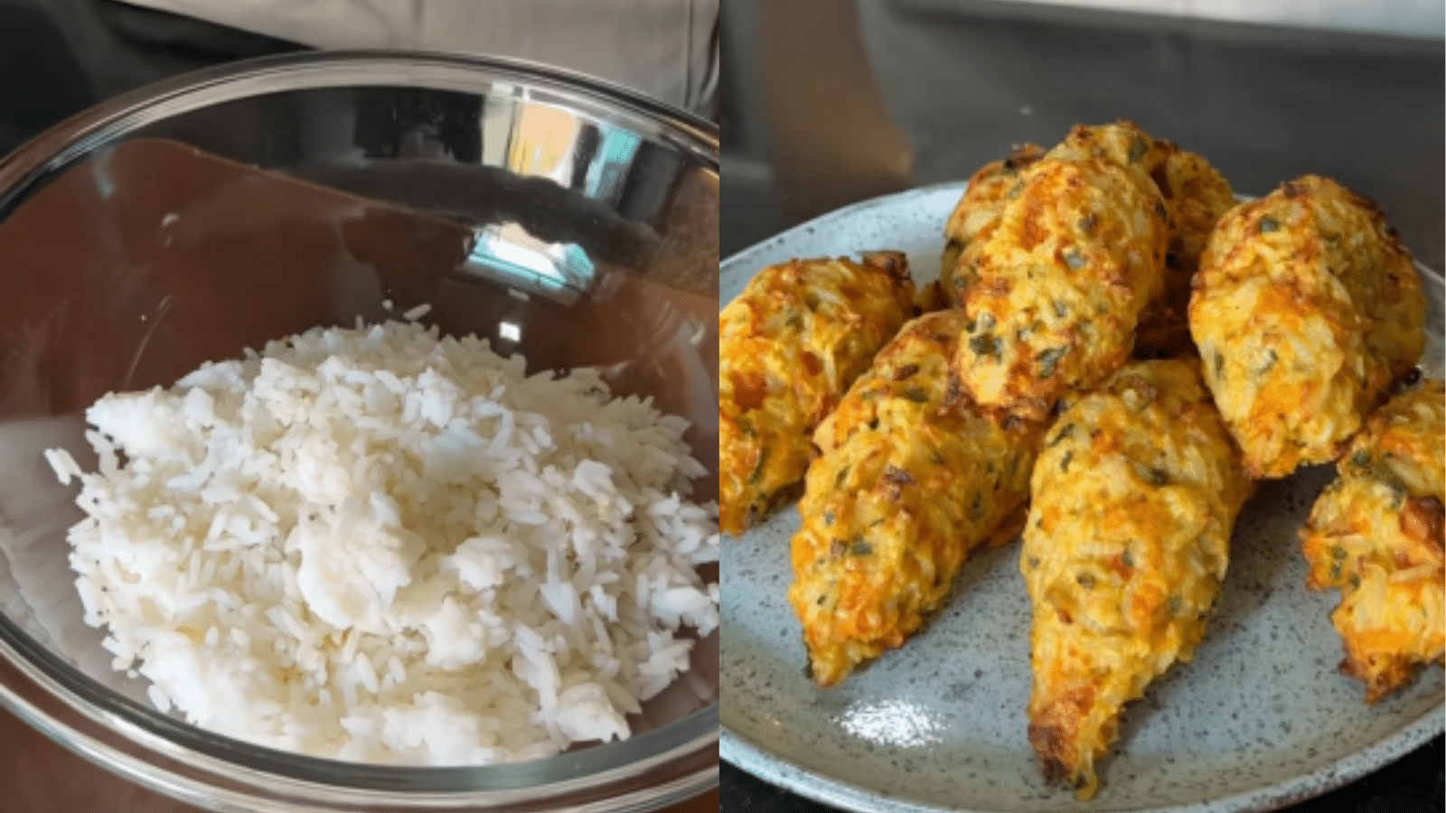 Imagem dividida em duas partes mostrando arroz cozido em uma tigela de vidro, à esquerda, e bolinhos de arroz assados na air fryer, dourados e servidos em um prato, à direita.