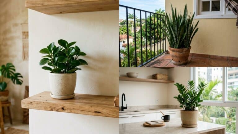 Mosaico com três fotos de plantas em ambientes domésticos: uma Peperômia em uma prateleira de madeira rústica, uma Espada-de-São-Jorge em vaso de barro na varanda e uma Zamioculca sobre a bancada clara de uma cozinha moderna.