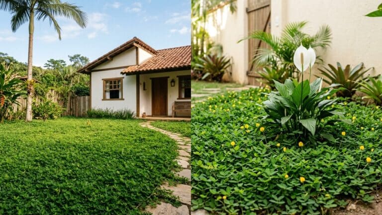 Colagem de duas fotos mostrando o quintal de uma casa rústica coberto por grama-amendoim com pequenas flores amarelas e um caminho de pedras. À direita, detalhe de um Lírio-da-paz florido plantado no meio da forração verde.