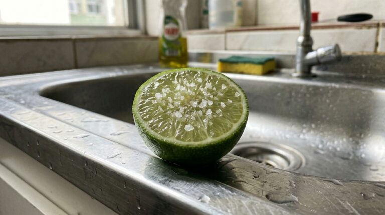 Close-up detalhado de uma metade de limão taiti coberto com sal grosso repousando na borda da pia de inox, bem próximo ao ralo da cozinha. Ao fundo, frasco de detergente e esponja desfocados.