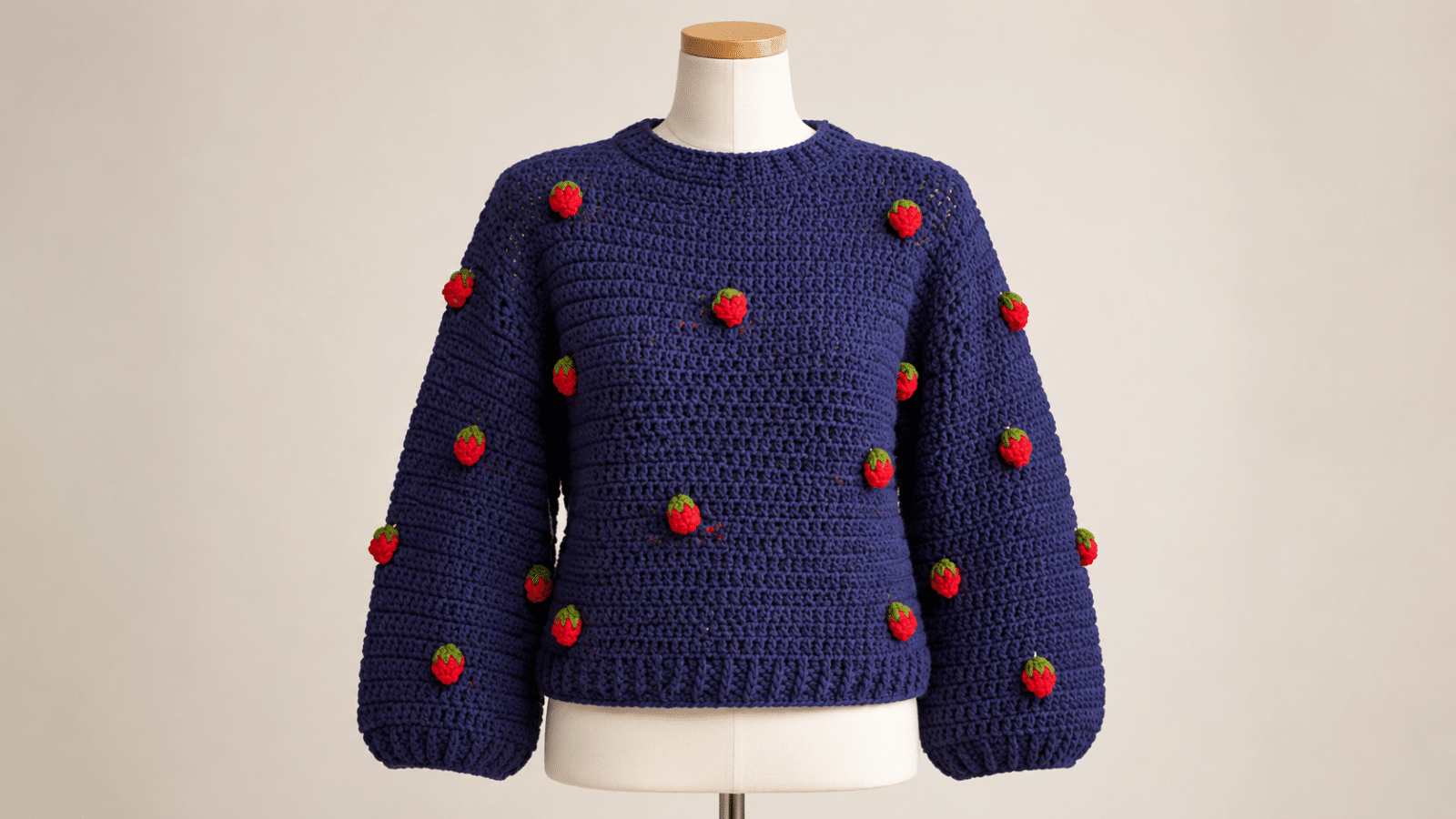 Blusa azul de crochê com aplicações de morangos em manequim