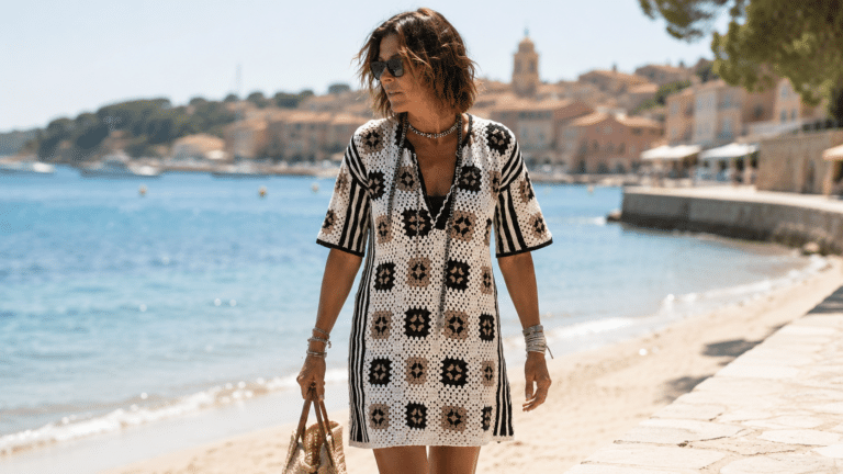 Saída de praia de crochê inspirada no modelo usado por Carolina de Mônaco em Saint-Tropez.