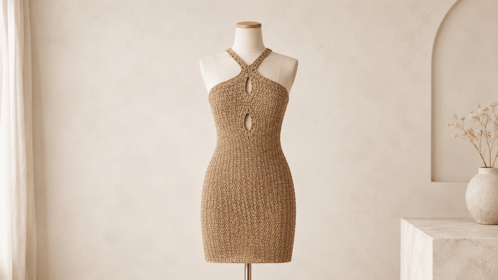 Vestido Namíbia em crochê bege exposto em manequim em ambiente neutro e sofisticado