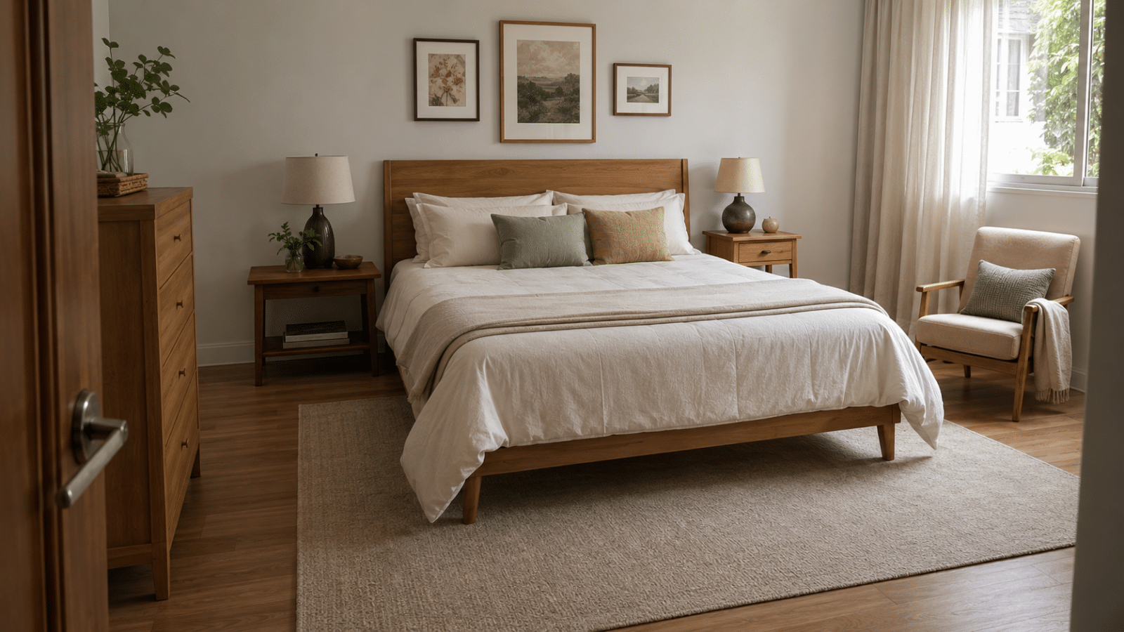 Quarto renovado com cama, poltrona, tapete, luminárias e objetos decorativos reorganizados