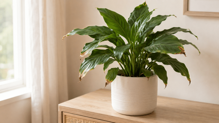 Planta verde em vaso claro com algumas folhas apresentando pontas marrons e secas próxima a uma janela.