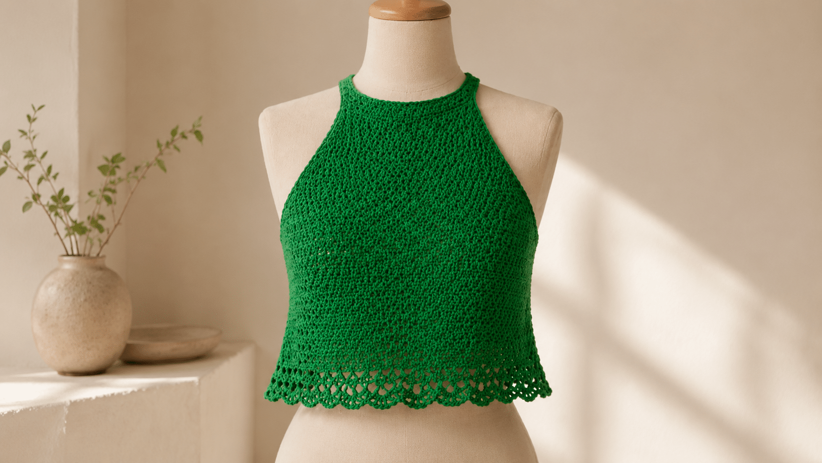 Os detalhes da Blusa Menta em crochê: uma peça verde, delicada e cheia de textura artesanal