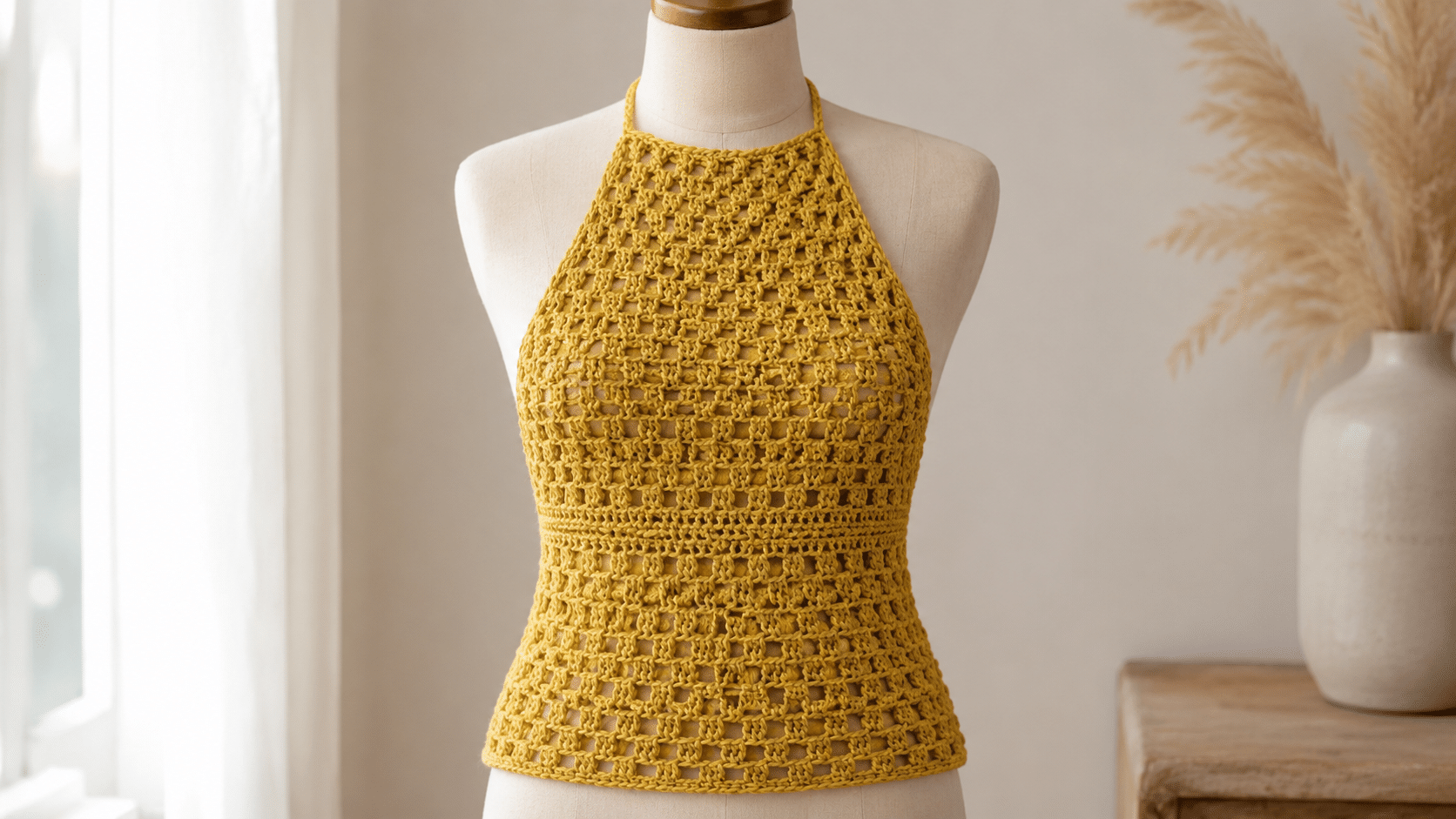 O caimento leve e o dourado completam o visual marcante da Blusa de crochê Goldie