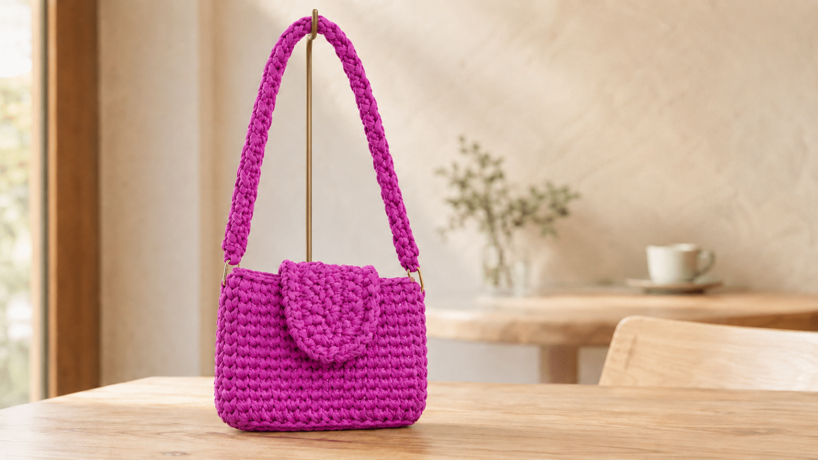 Bolsa Dafne de crochê roxo brilhante apoiada em expositor dourado sobre uma mesa de madeira.