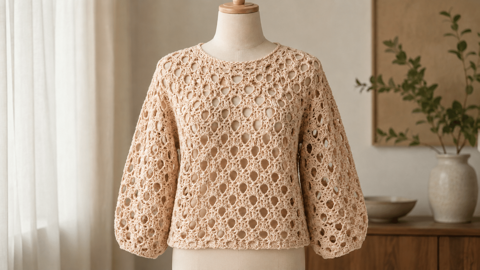 Blusa Julieta em crochê aposta em mangas longas e textura para criar um visual elegante
