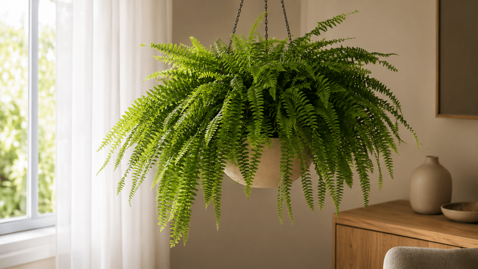 Samambaia volumosa em vaso suspenso próxima a uma janela com luz natural indireta