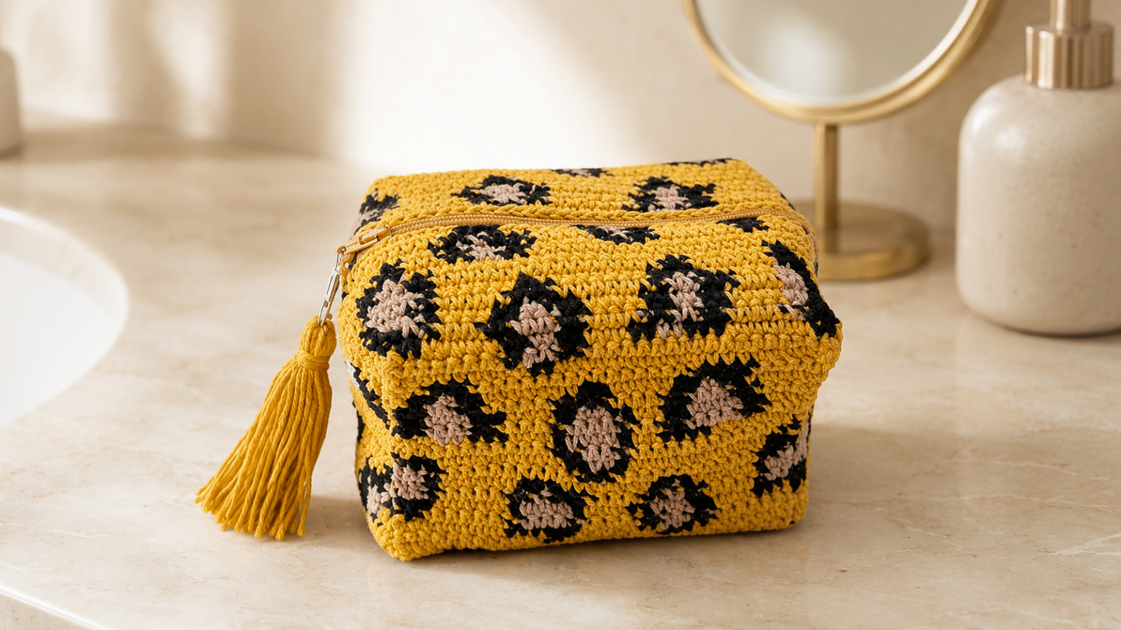 Estojo Onça de crochê amarelo com manchas pretas e beges, zíper e tassel sobre uma bancada de banheiro.