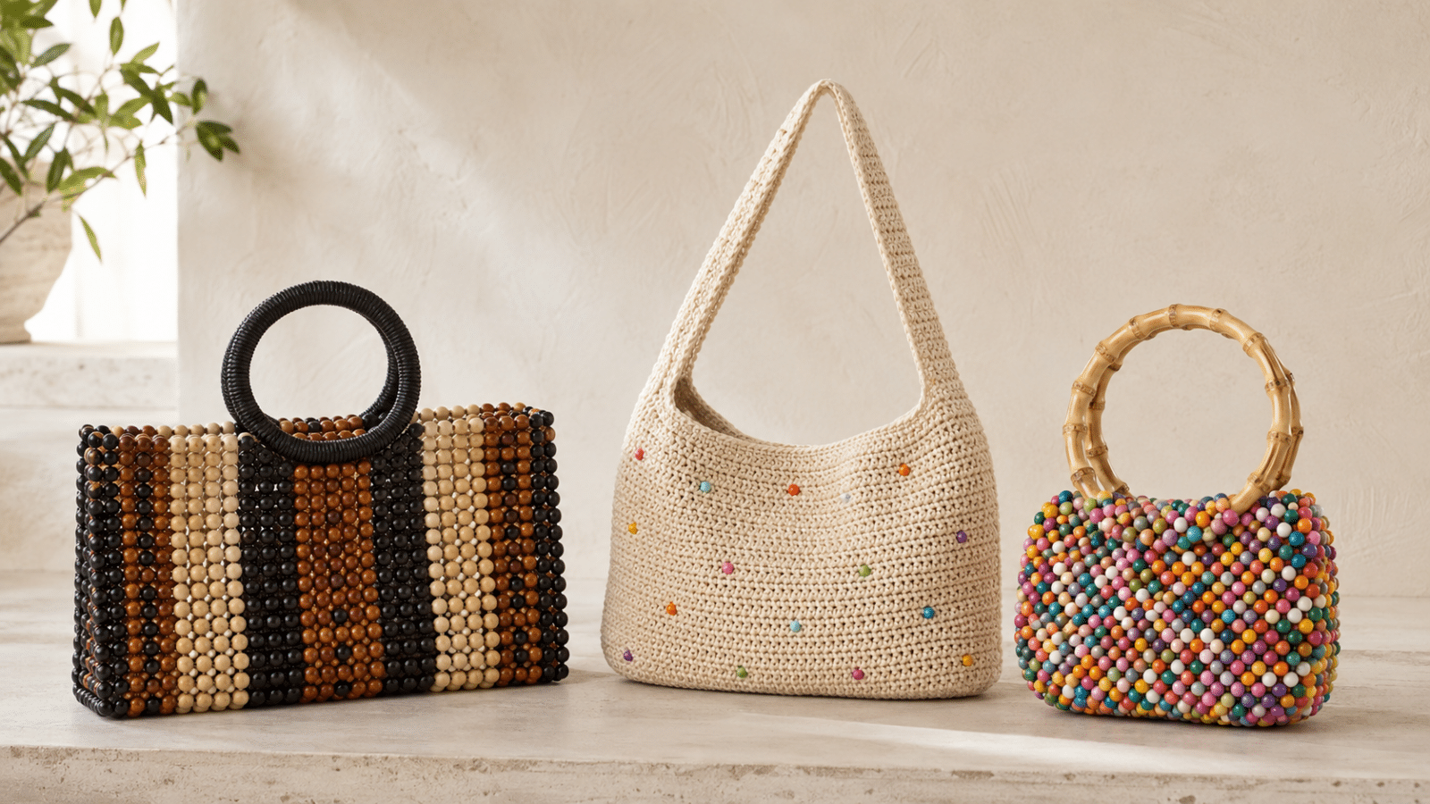 Três bolsas artesanais confeccionadas com crochê, contas de madeira e bolinhas coloridas em diferentes formatos.