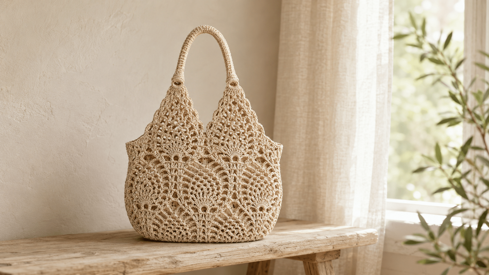 Bolsa artesanal de crochê cru com pontos rendados sobre banco de madeira próximo a uma janela iluminada.