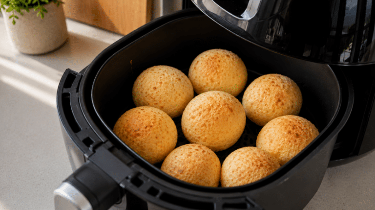 Pães de queijo inteiros e dourados dentro do cesto da Air Fryer, em uma cozinha iluminada, com aparência caseira e natural.