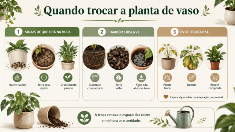 Infográfico 16:9 sobre quando trocar a planta de vaso, com ilustrações de raízes saindo, terra seca, substrato compactado, água acumulada, planta fraca, doente e recém-comprada.