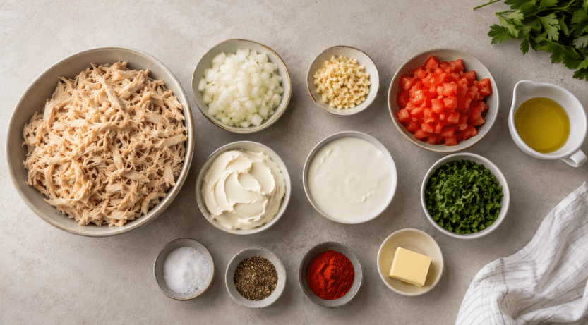 Ingredientes do frango desfiado cremoso vistos de cima, com frango desfiado, cebola, alho, tomate, creme, requeijão, cheiro-verde, azeite e temperos em potes sobre bancada clara.