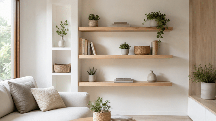 Sala clara e minimalista com prateleiras de madeira clara, nichos brancos discretos, livros neutros, cestos, vasos e pequenas plantas organizados de forma leve na parede.