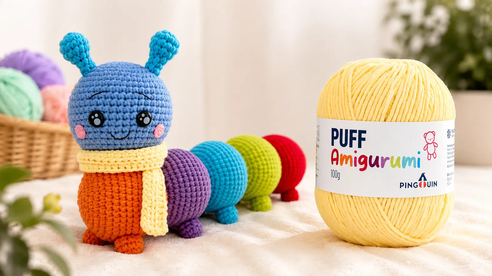 Novelo do fio Puff Amigurumi da Pingouin ao lado de uma centopeia de amigurumi colorida, destacando a textura macia e o acabamento do novo fio para crochê.