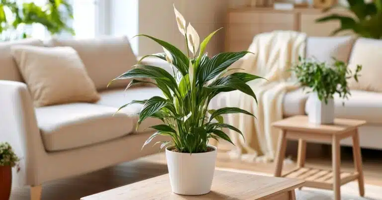 Lírio-da-paz cultivado em vaso na sala de estar, ideal para decoração de ambientes internos.