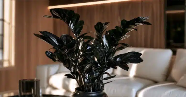Zamioculca preta em vaso decorando ambiente interno moderno, destacando suas folhas escuras e brilhantes.