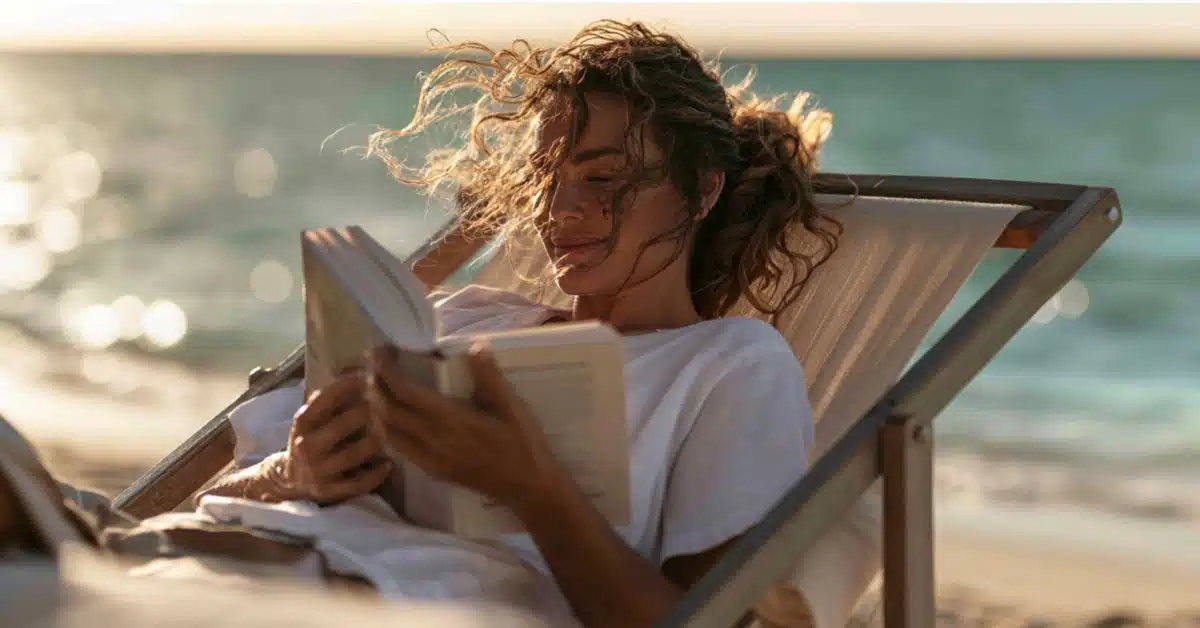 Mulher lendo um livro à beira-mar, representando autoconhecimento, autoestima e desenvolvimento pessoal.