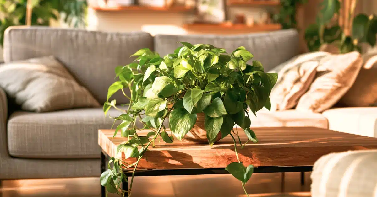 Jiboia em vaso sobre mesa de centro em sala iluminada, ideal para cultivo em ambientes internos.