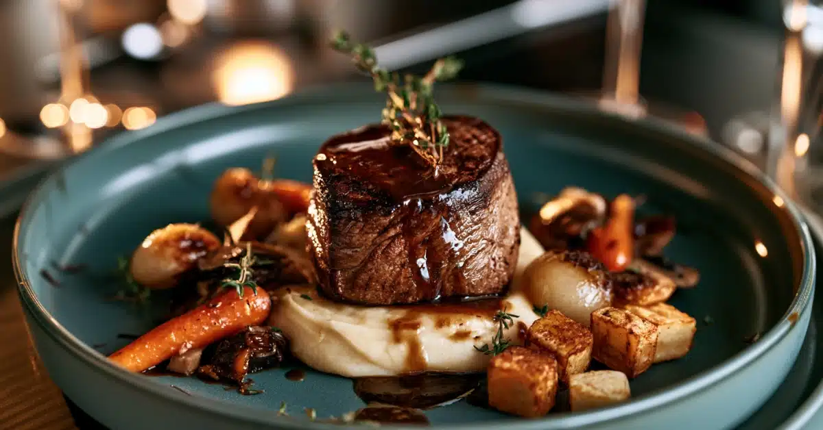 Filé mignon ao molho de vinho tinto servido com purê de batatas, mini cebolas, cogumelos Portobello e legumes.