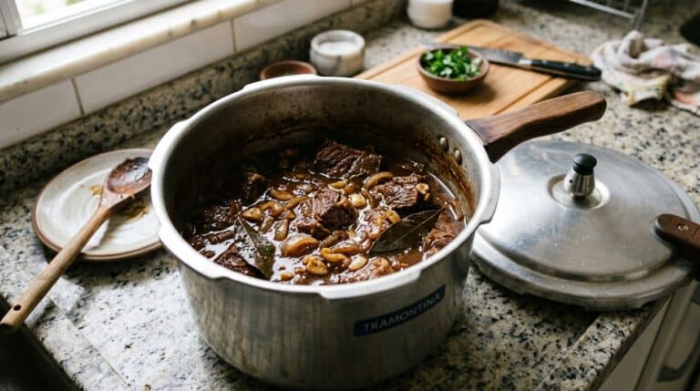 Panela de pressão aberta sobre uma bancada de granito contendo um cozido de carne bovina com molho escuro, cebolas e folhas de louro.