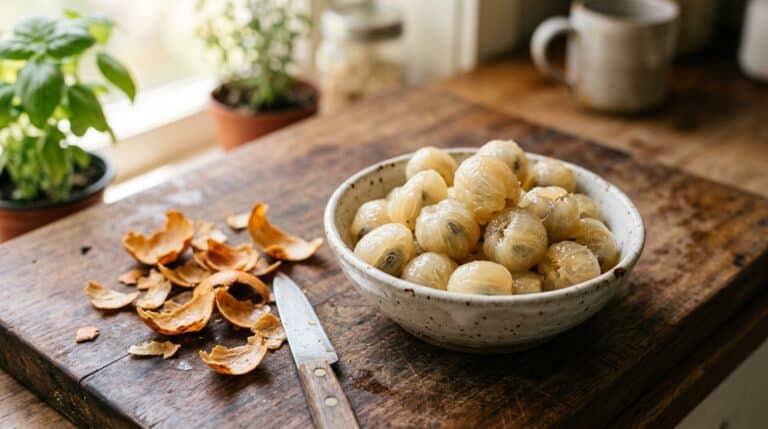 Tigela de cerâmica rústica cheia de frutos descascados de pitomba sobre uma tábua de madeira, com cascas espalhadas e uma faca de cozinha ao lado.