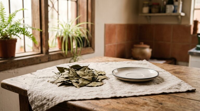 Um punhado de folhas de louro secas dispostas sobre um pano de linho claro em uma mesa de madeira, ao lado de um prato vazio, com uma janela e plantas ao fundo.