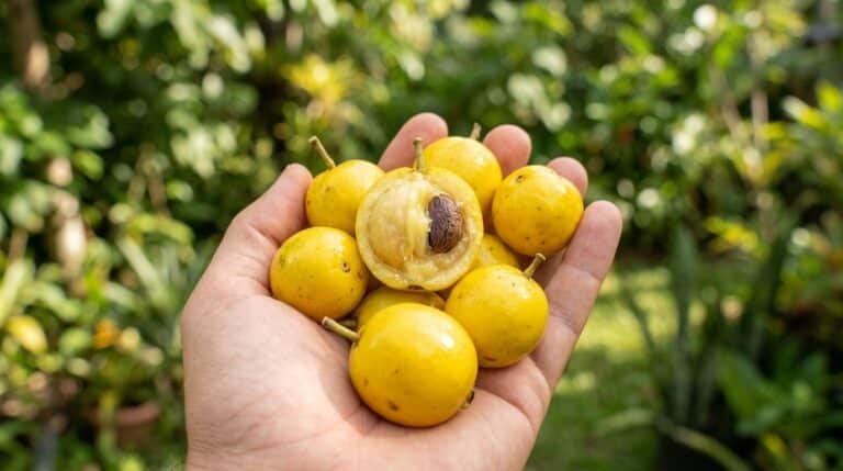 Mão segurando um punhado de frutos amarelos de murici, com um deles cortado ao meio revelando a polpa suculenta e a semente central, sobre um fundo verde de jardim.