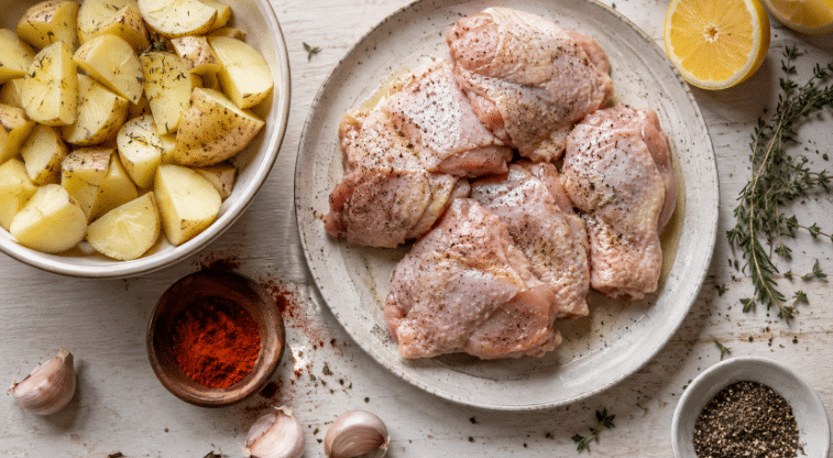 Vista de cima de uma composição com pedaços de frango cru, batatas cortadas, alho, limão, páprica, pimenta-do-reino e ervas dispostos de forma natural sobre uma superfície clara.