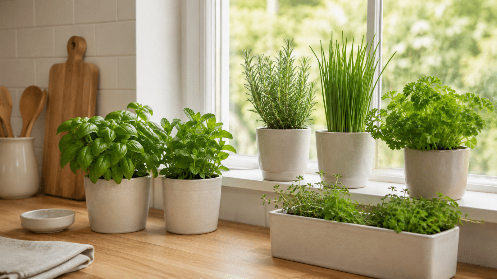 Vasos com manjericão, hortelã, alecrim, cebolinha e salsinha cultivados próximos à janela da cozinha.