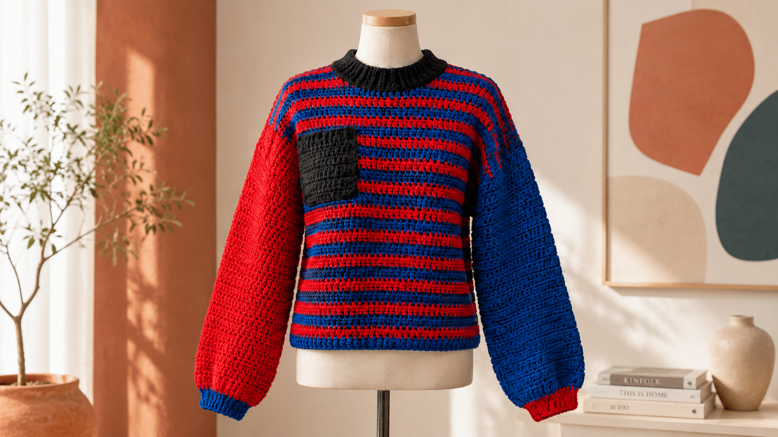 Suéter Bowie em crochê vermelho, azul e preto exposto em manequim em cenário colorido e sofisticado