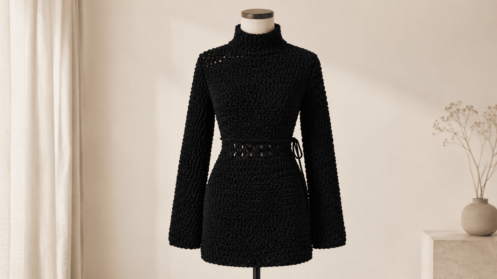 Vestido de crochê preto em manequim com mangas longas, gola alta e modelagem curta