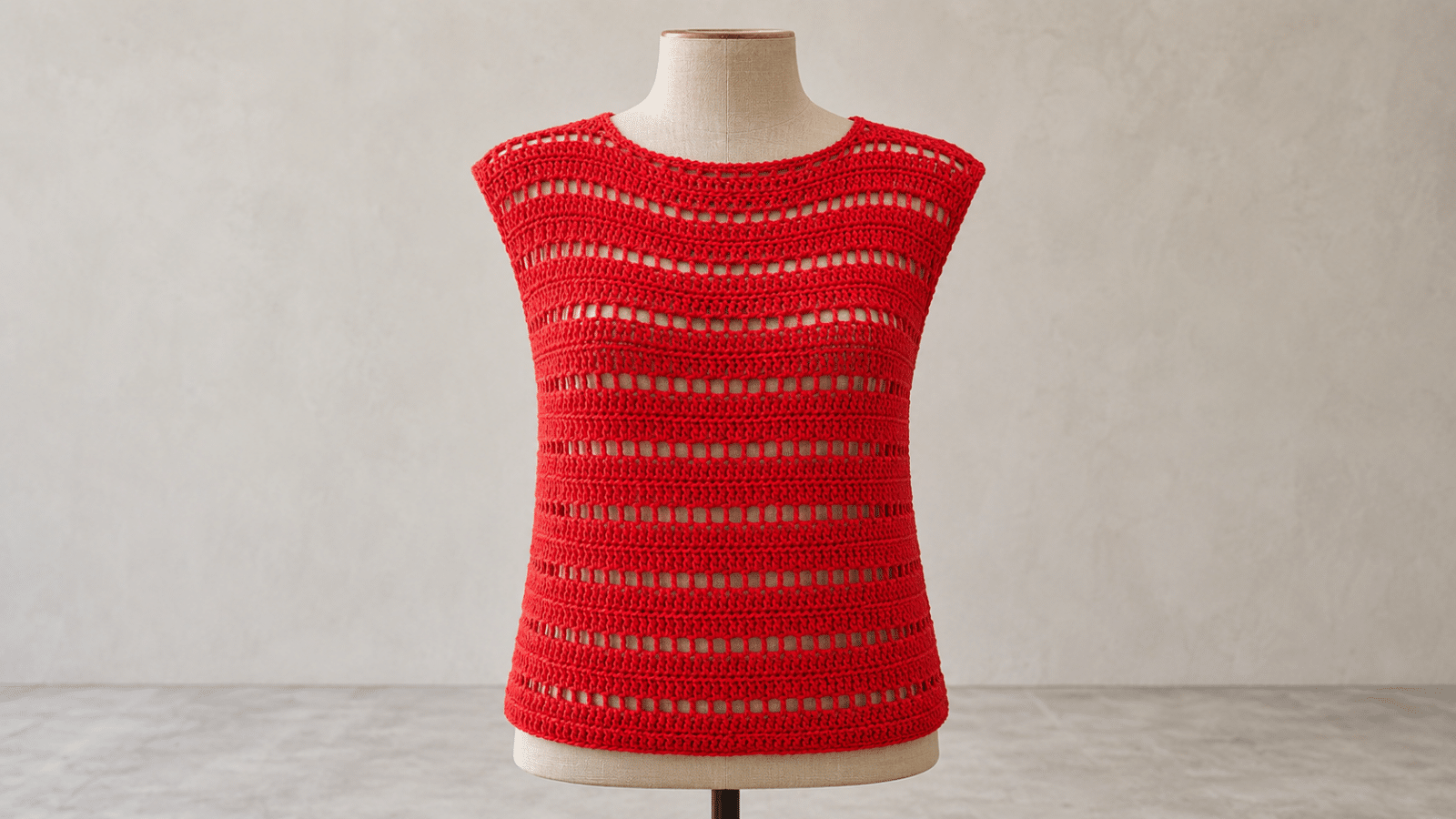 Colete Musa vermelho em crochê com faixas vazadas horizontais apresentado em manequim de exposição