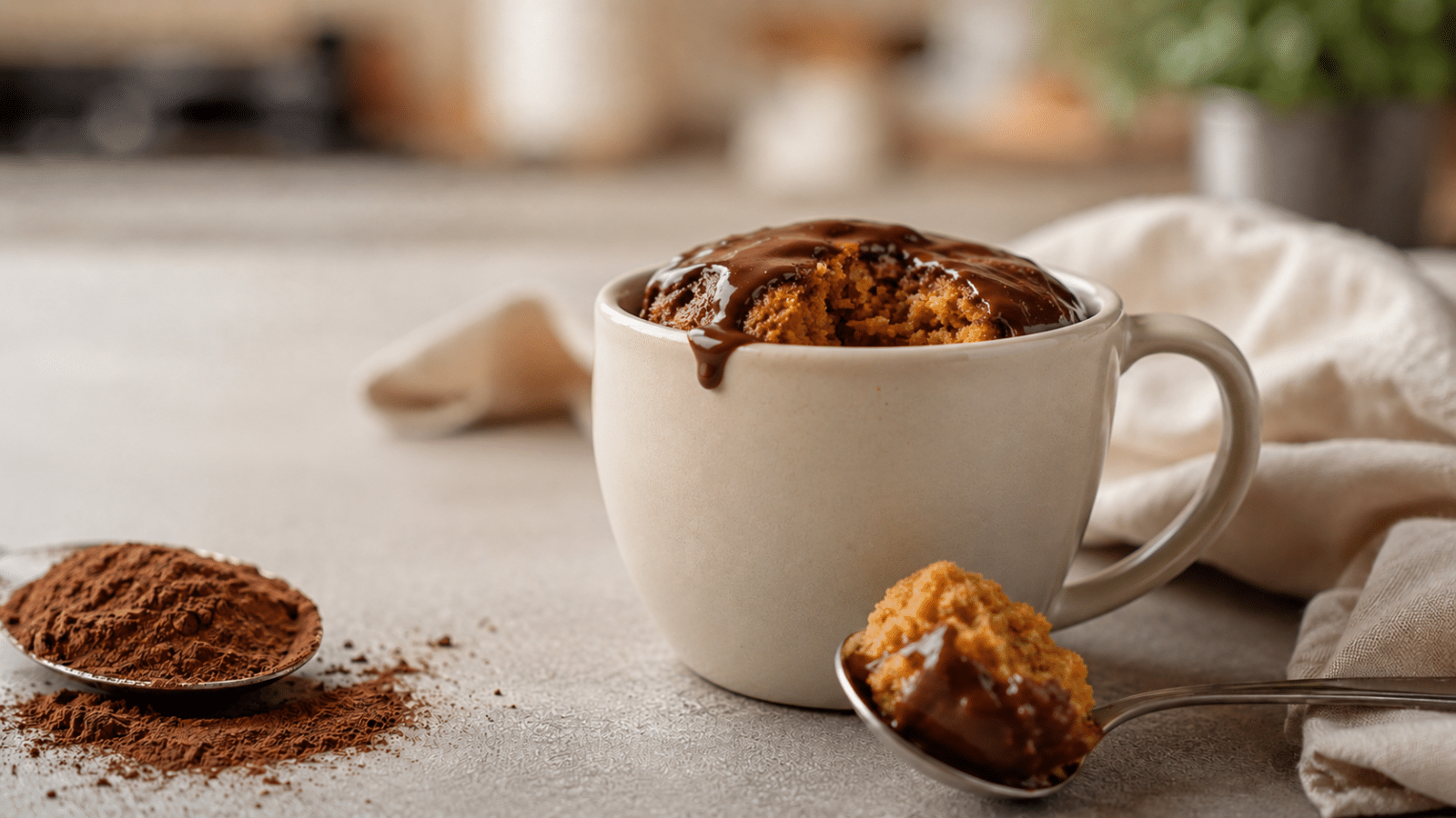 Bolo de cenoura de caneca com cobertura de chocolate preparado no micro-ondas.