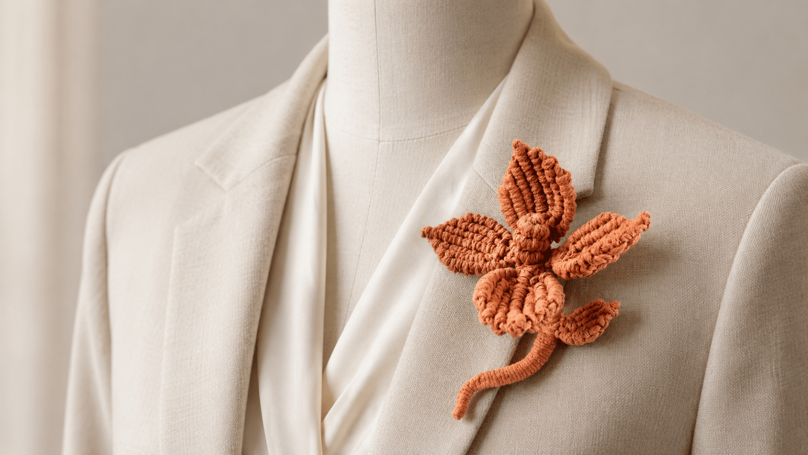 Maxi broche de flor em macramê laranja aplicado na lapela de um blazer bege em manequim