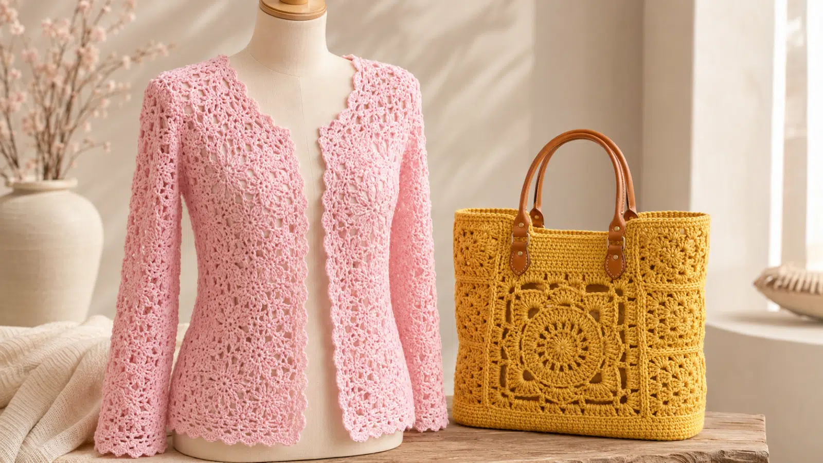 Blusa rosa de crochê em manequim ao lado de bolsa amarela de crochê exposta em ambiente claro