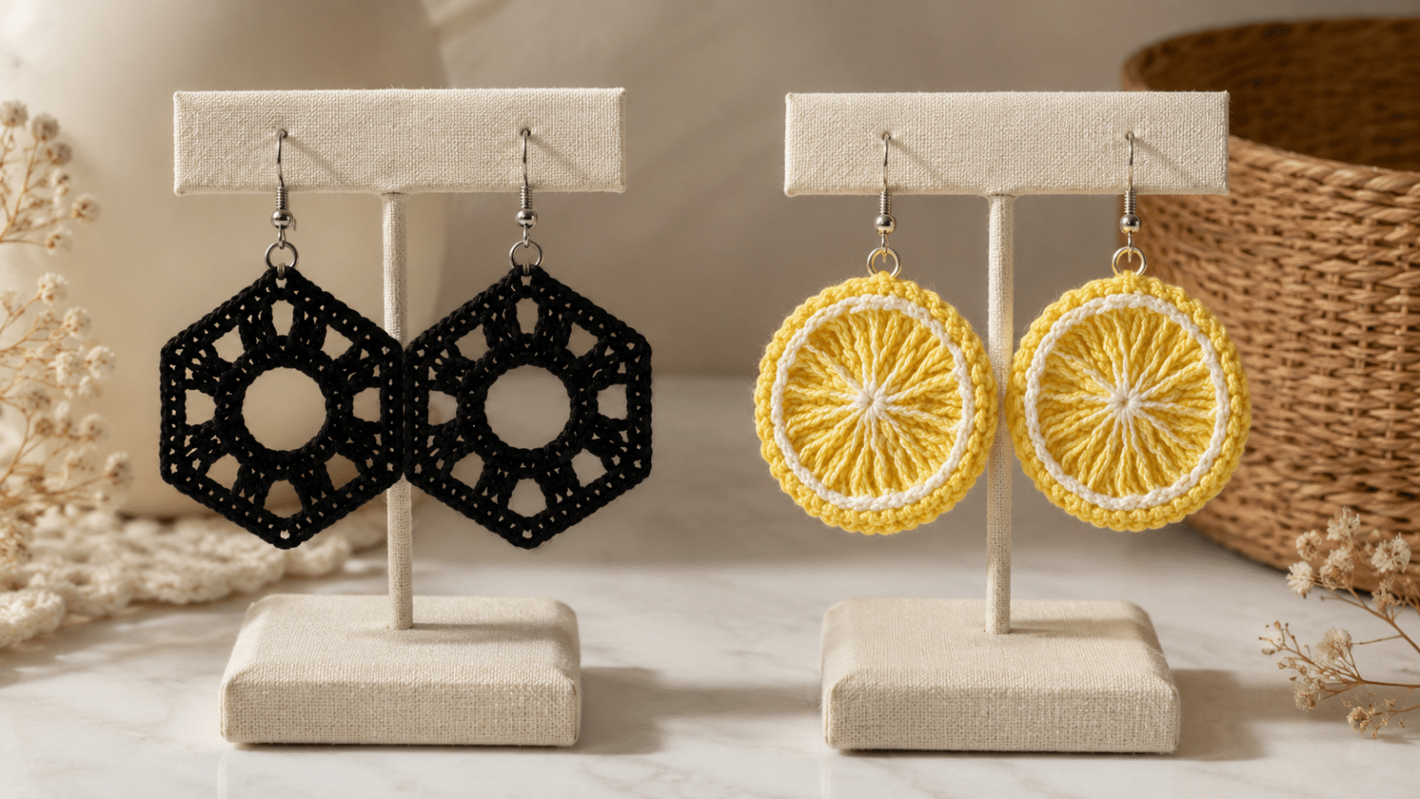 Dois expositores com brincos de crochê em formatos geométrico preto e redondo amarelo inspirado em limão