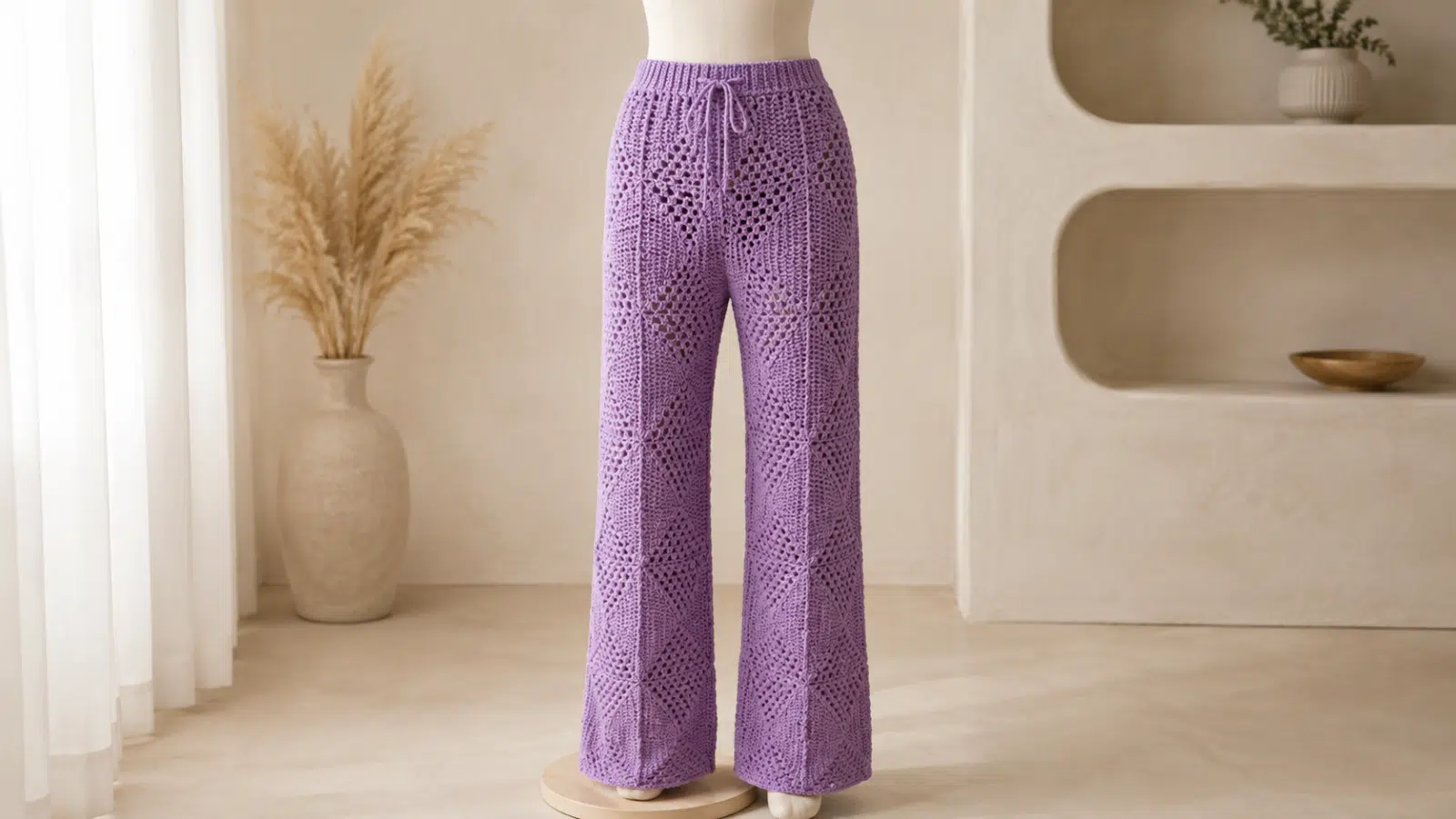 Calça Quadradinhos Ícone Hit em crochê lilás exposta em manequim em ambiente neutro