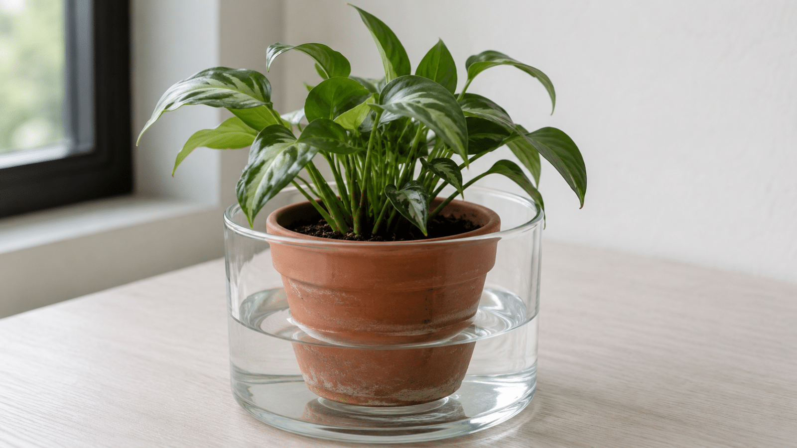 Vaso de planta dentro de recipiente de vidro transparente com água, mostrando a rega por imersão