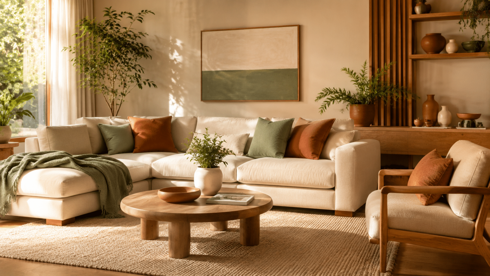 Sala de estar sofisticada e acolhedora com paleta de branco-creme, bege, verde-sálvia, terracota e madeira clara