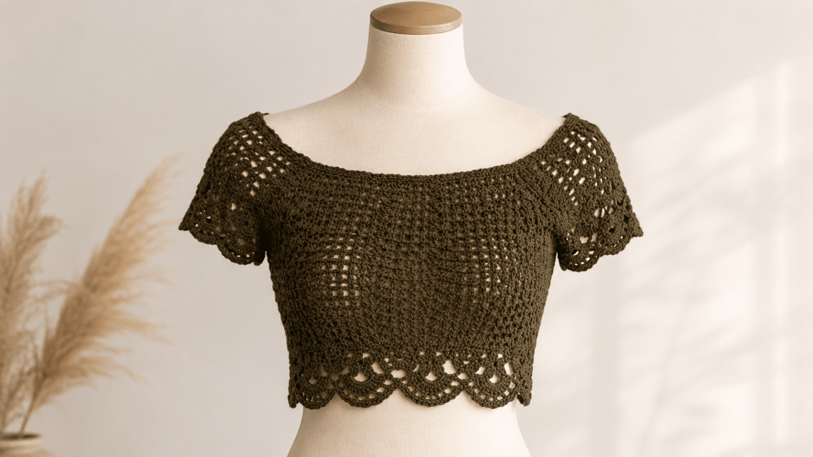 Cropped de crochê verde em manequim com mangas curtas e barra vazada