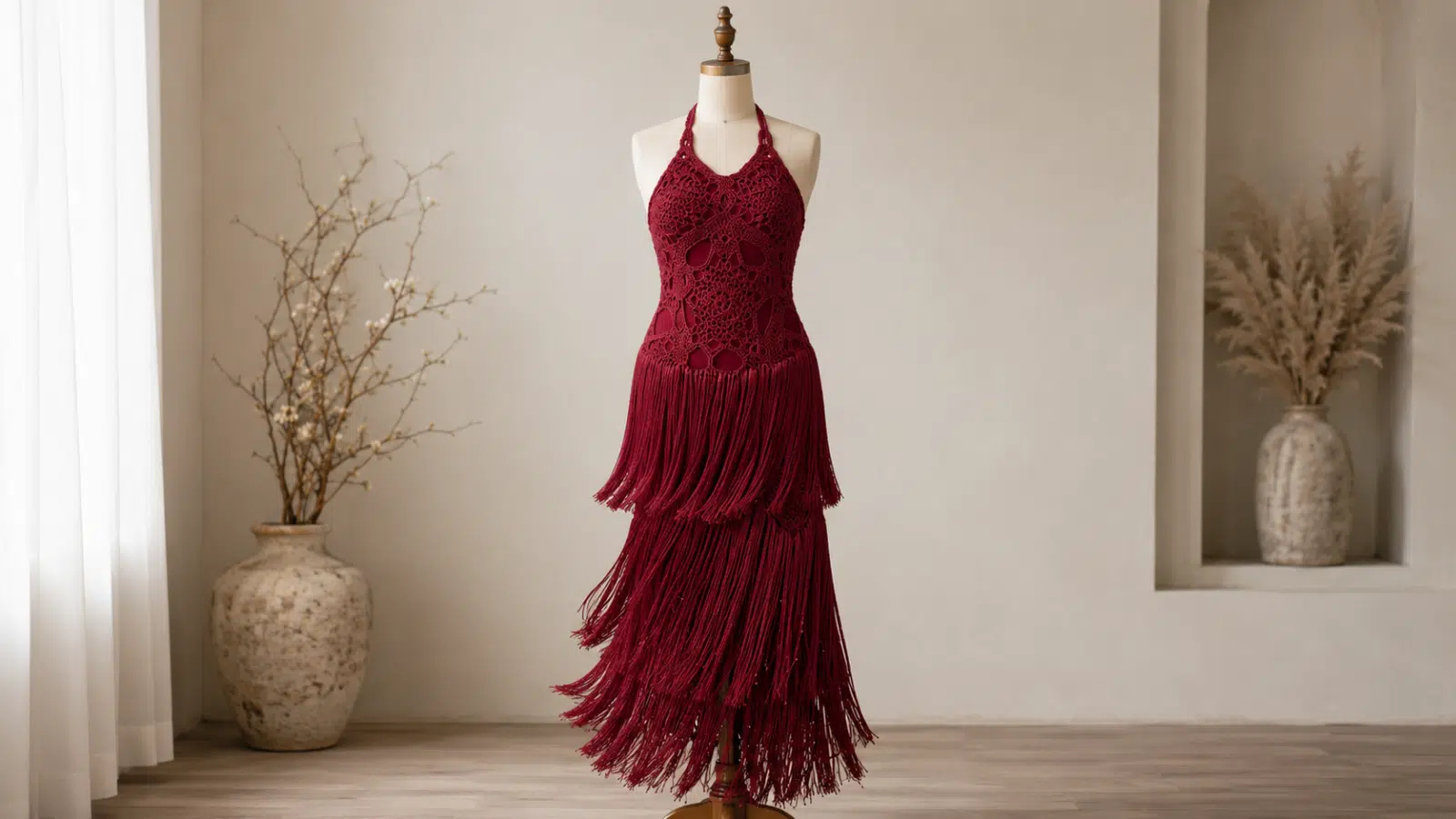 Vestido Scarlet em crochê marsala com motivos vazados e franjas longas exposto em manequim