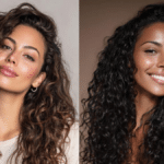 Duas mulheres com cabelos cacheados longos, destacando definição, brilho e volume natural dos fios.